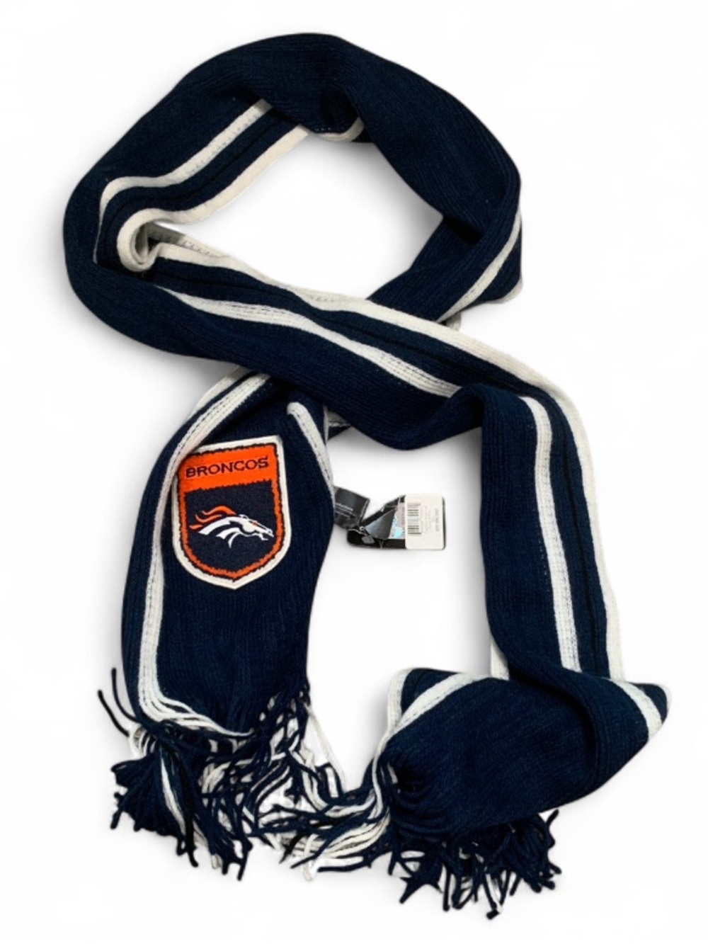 NWT NFL Denver Broncos Dark Blue & White Stripe Knit Fringe Scarf